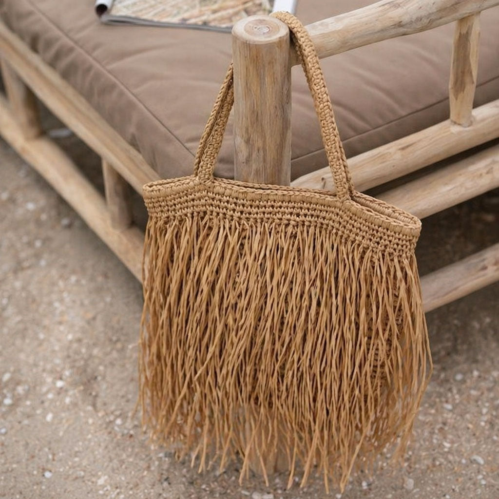Borsa grande da spiaggia in paglia intrecciata con frange