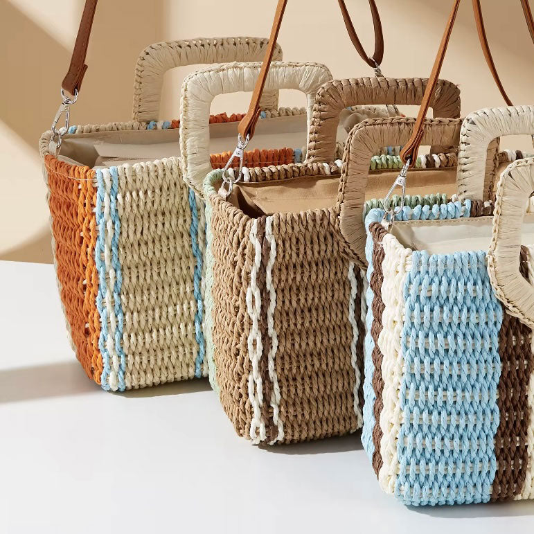 Borsa in paglia arancione con manici e tracolla