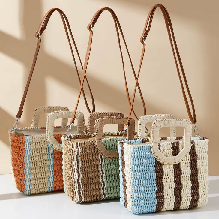Borsa in paglia arancione con manici e tracolla