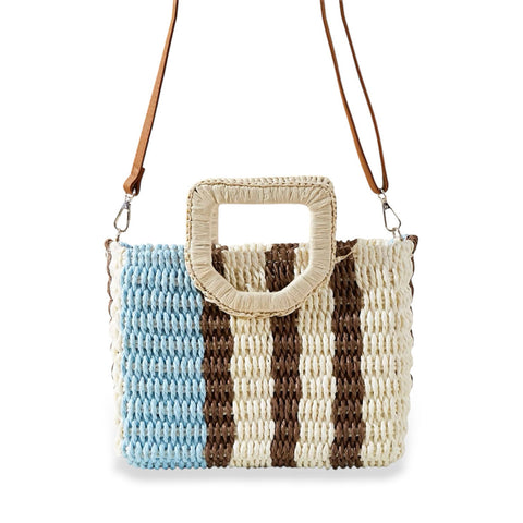 Borsa in paglia celeste e marrone con manici e tracolla