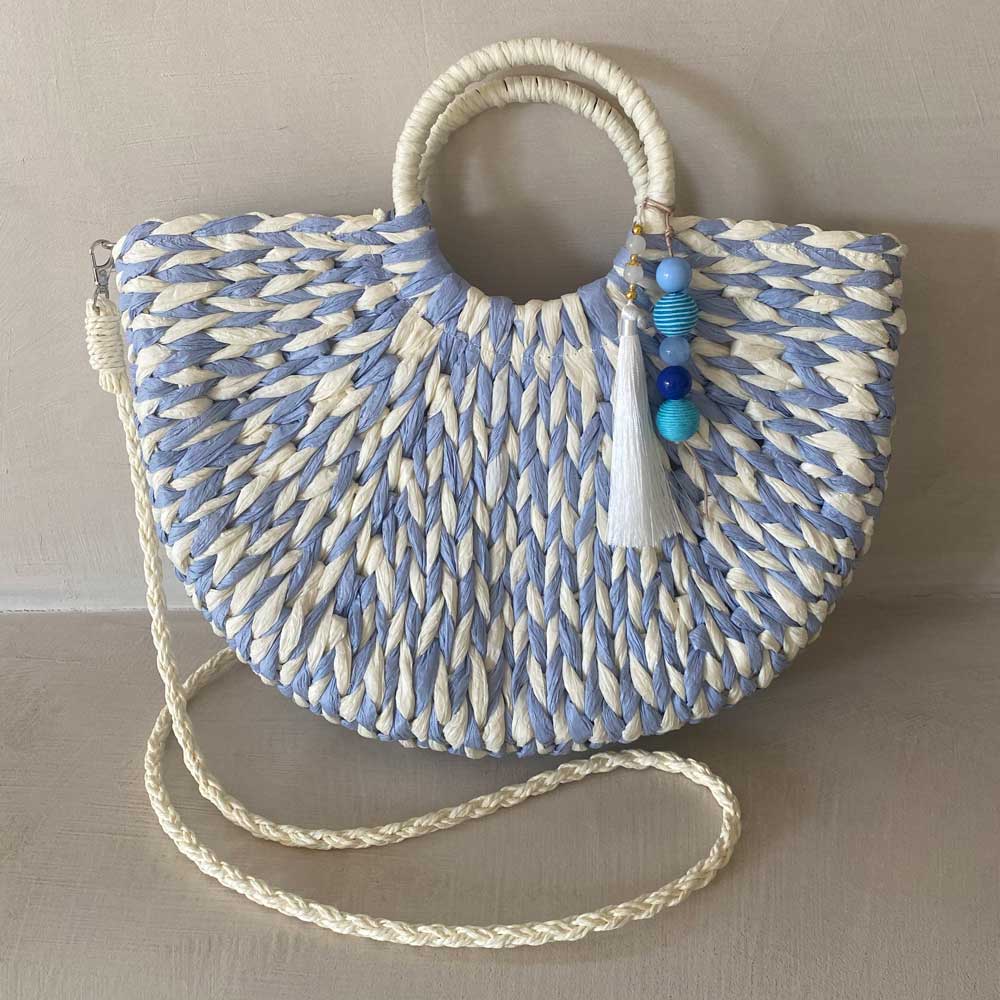 Borsa bianca e azzurra in paglia personalizzabile