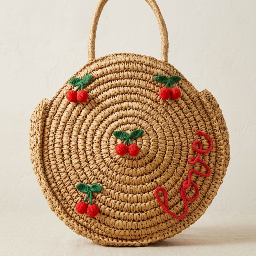 Borsa rotonda in paglia con ciliegie e scritta personalizzata