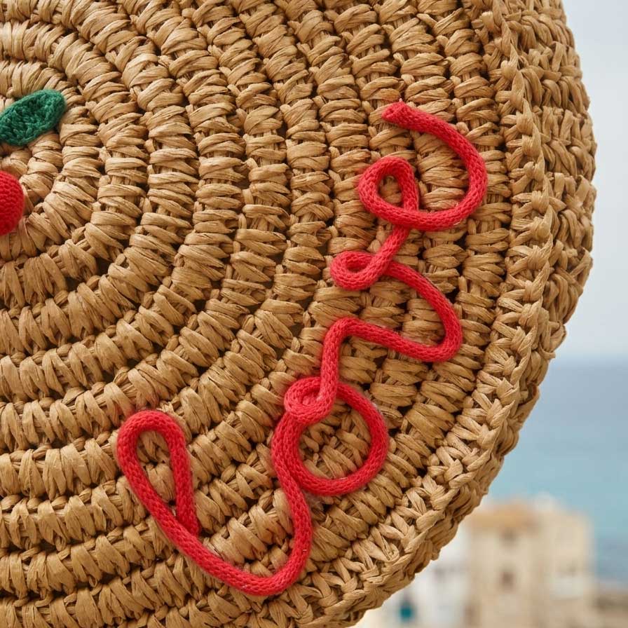 Borsa rotonda in paglia con ciliegie e scritta personalizzata