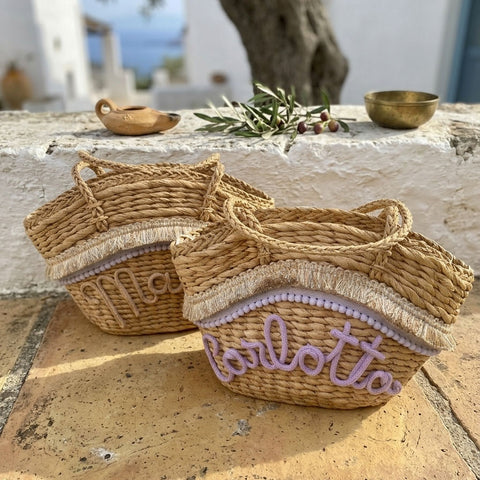 Borsa in paglia Nizza con frange e scritta personalizzata