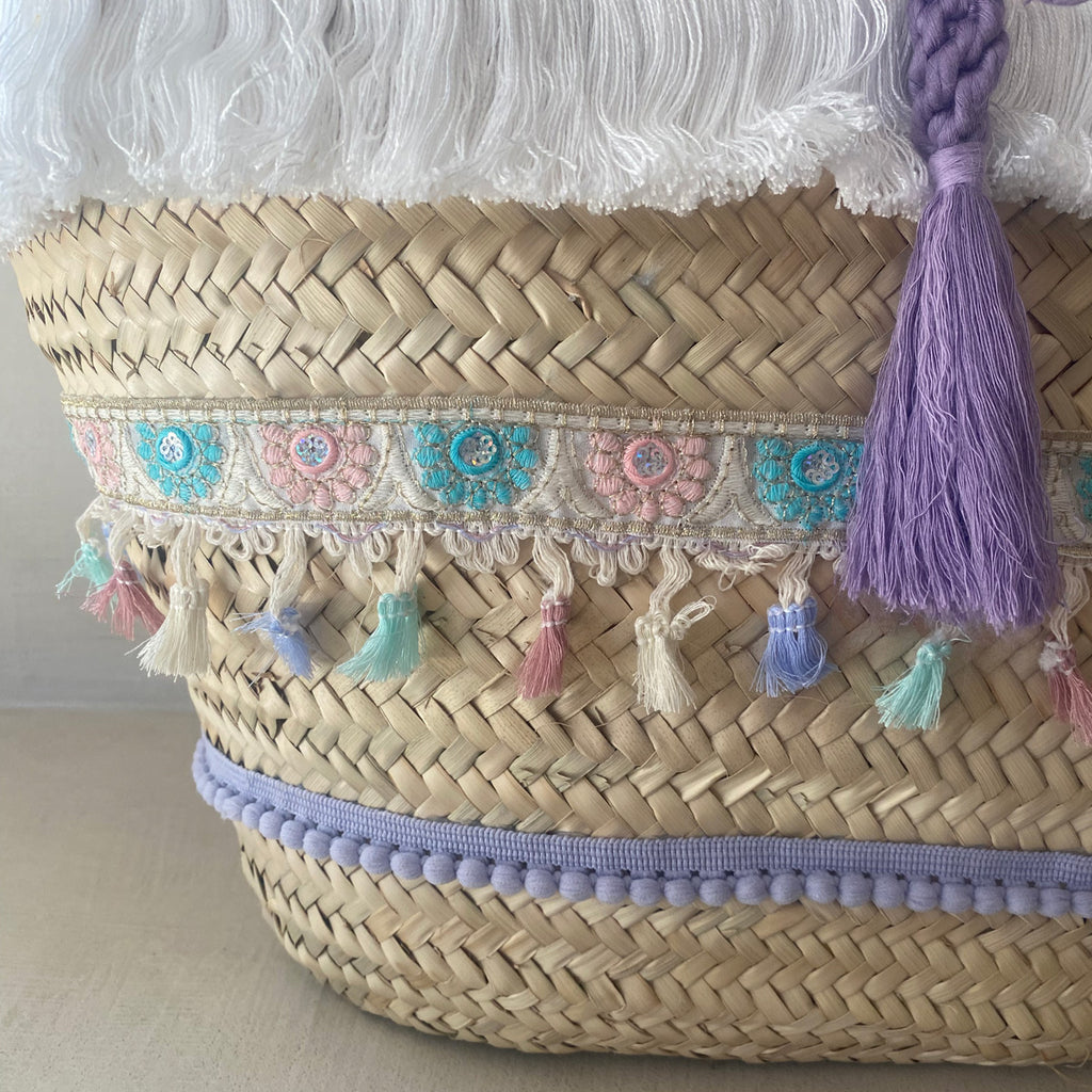 Coffa siciliana decorata con frange e nappe personalizzata Borsa  boho in paglia grande da mare