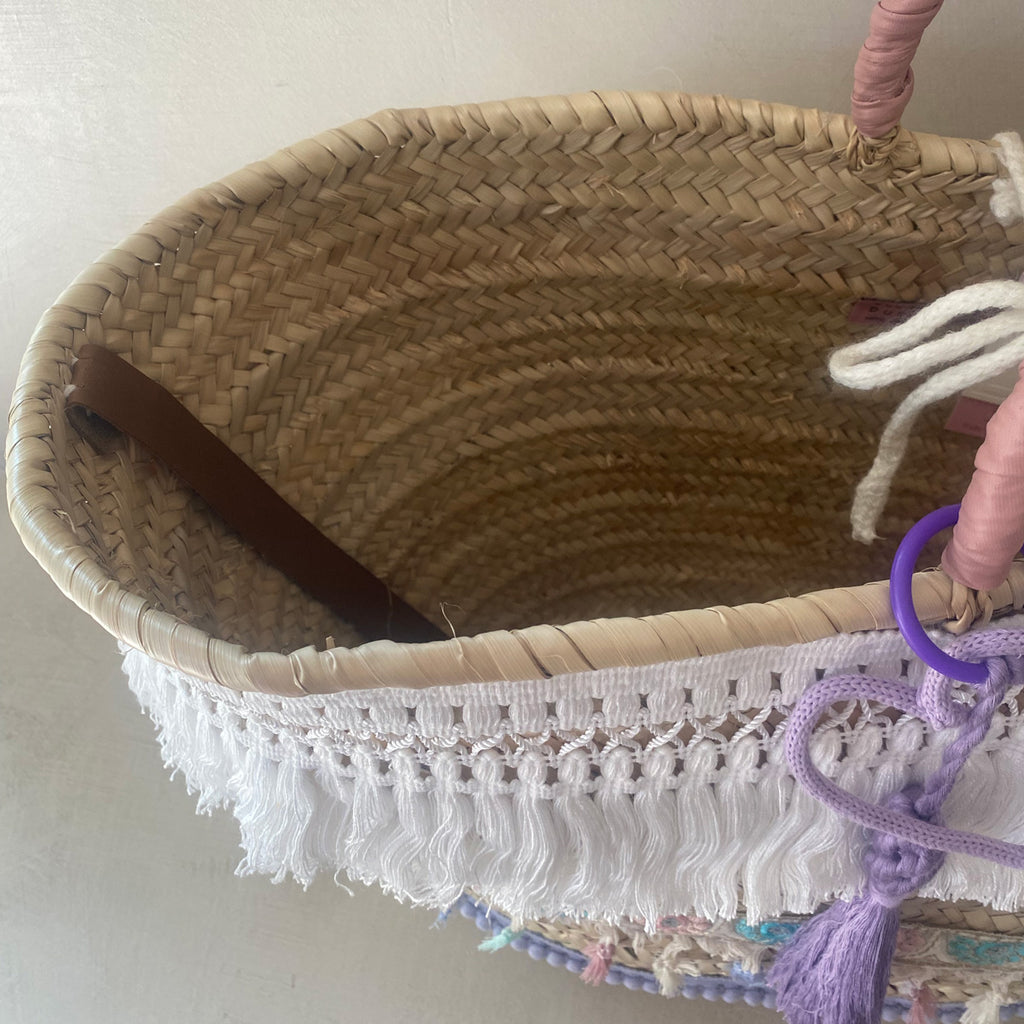 Coffa siciliana decorata con frange e nappe personalizzata Borsa  boho in paglia grande da mare