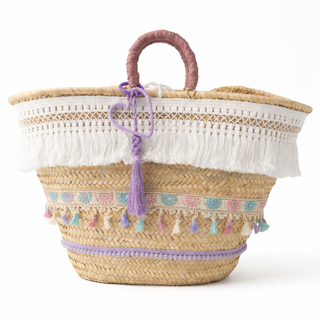 Coffa siciliana decorata con frange e nappe personalizzata Borsa  boho in paglia grande da mare