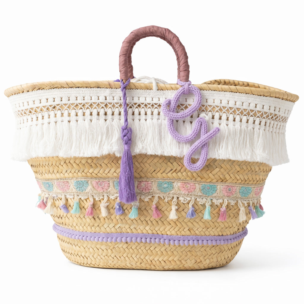 Coffa siciliana decorata con frange e nappe personalizzata Borsa  boho in paglia grande da mare