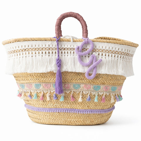 Coffa siciliana decorata con frange e nappe personalizzata Borsa  boho in paglia grande da mare