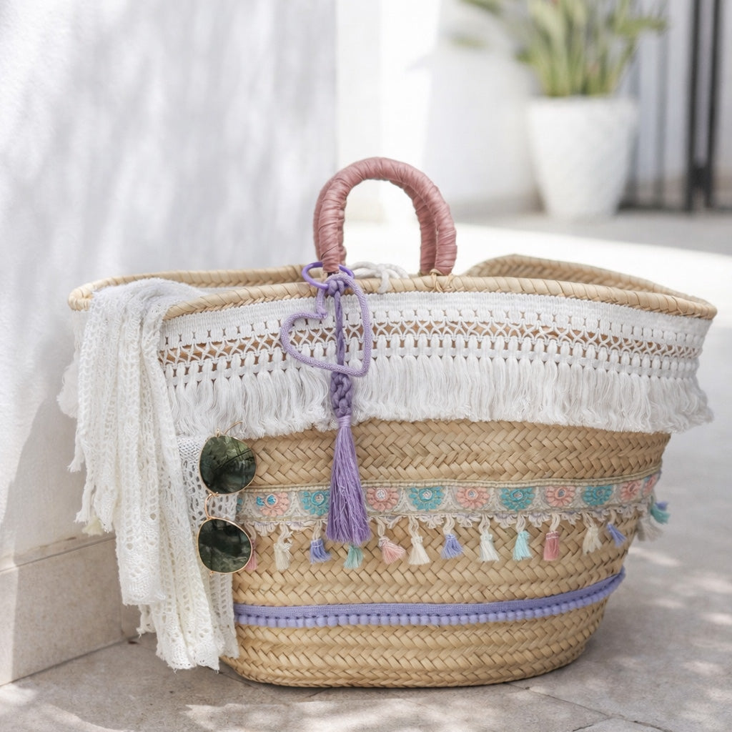 Coffa siciliana decorata con frange e nappe personalizzata Borsa  boho in paglia grande da mare