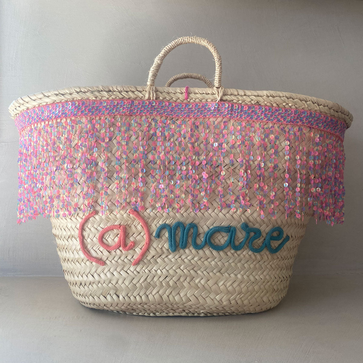 Coffa siciliana decorata con paillettes e scritta personalizzata Borsa in paglia grande da mare