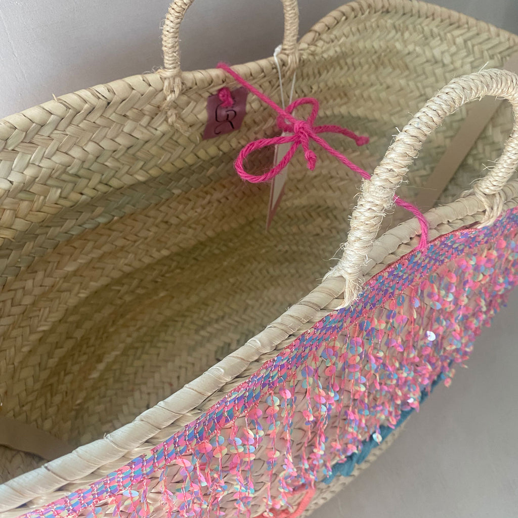 Coffa siciliana decorata con paillettes e scritta personalizzata Borsa in paglia grande da mare