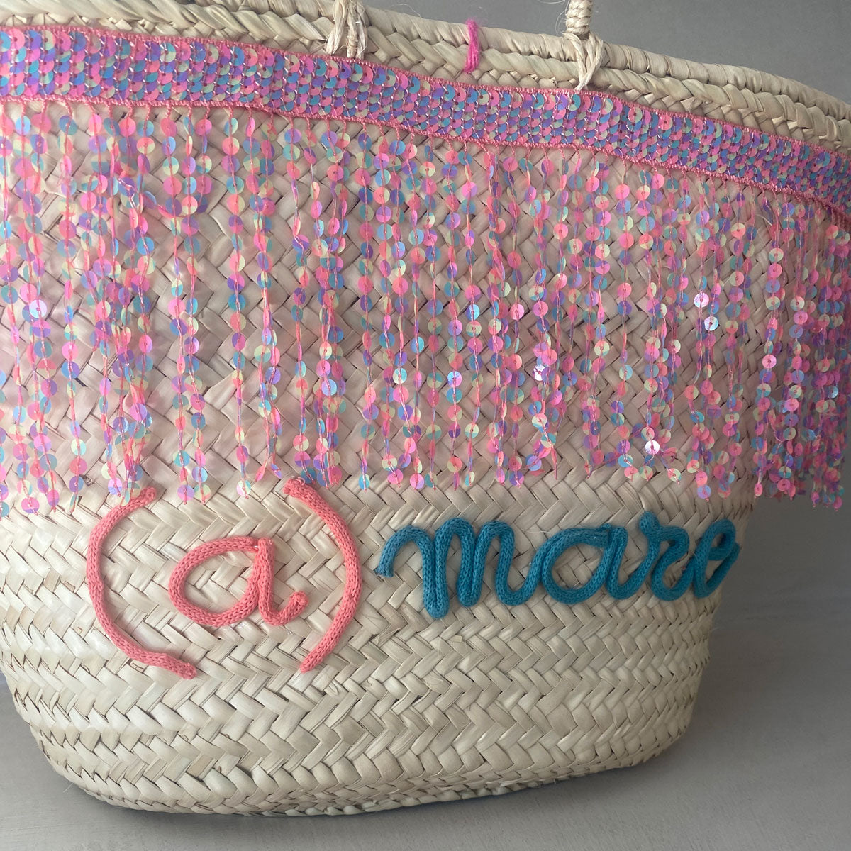 Coffa siciliana decorata con paillettes e scritta personalizzata Borsa in paglia grande da mare