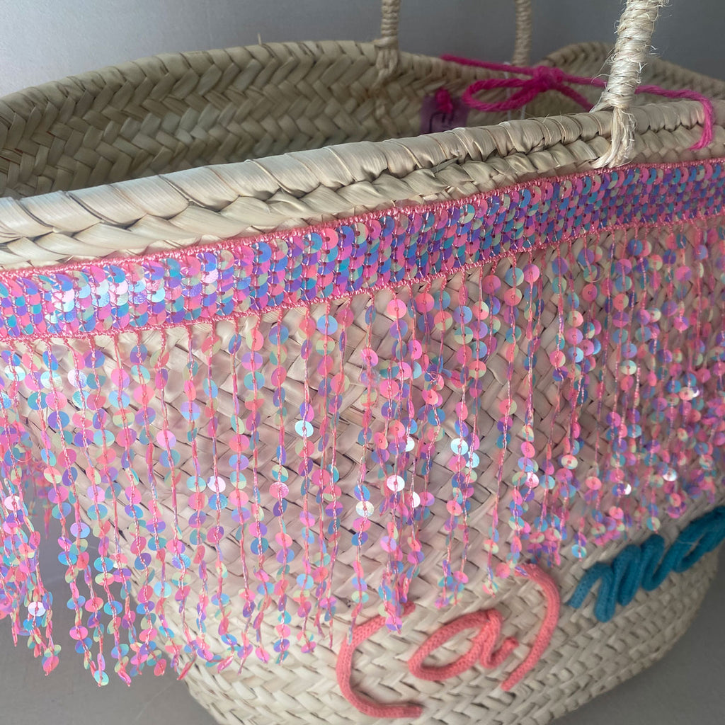 Coffa siciliana decorata con paillettes e scritta personalizzata Borsa in paglia grande da mare