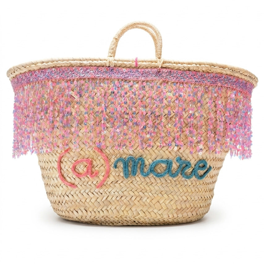 Coffa siciliana decorata con paillettes e scritta personalizzata Borsa in paglia grande da mare