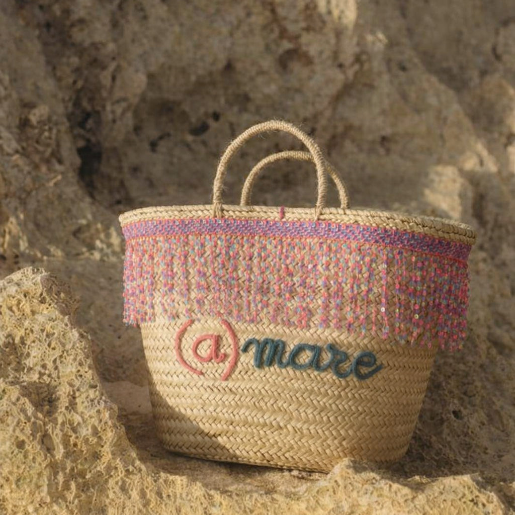 Coffa siciliana decorata con paillettes e scritta personalizzata Borsa in paglia grande da mare