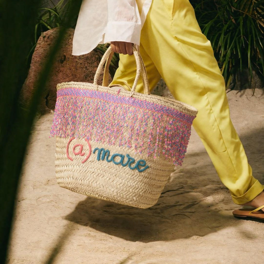 Coffa siciliana decorata con paillettes e scritta personalizzata Borsa in paglia grande da mare