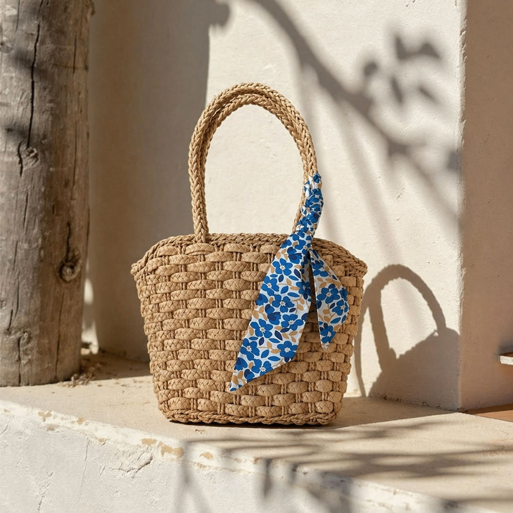 Borsa in paglia intrecciata con foulard