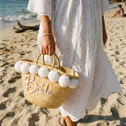 Borsa in paglia Zagara con pon pom e scritta personalizzata