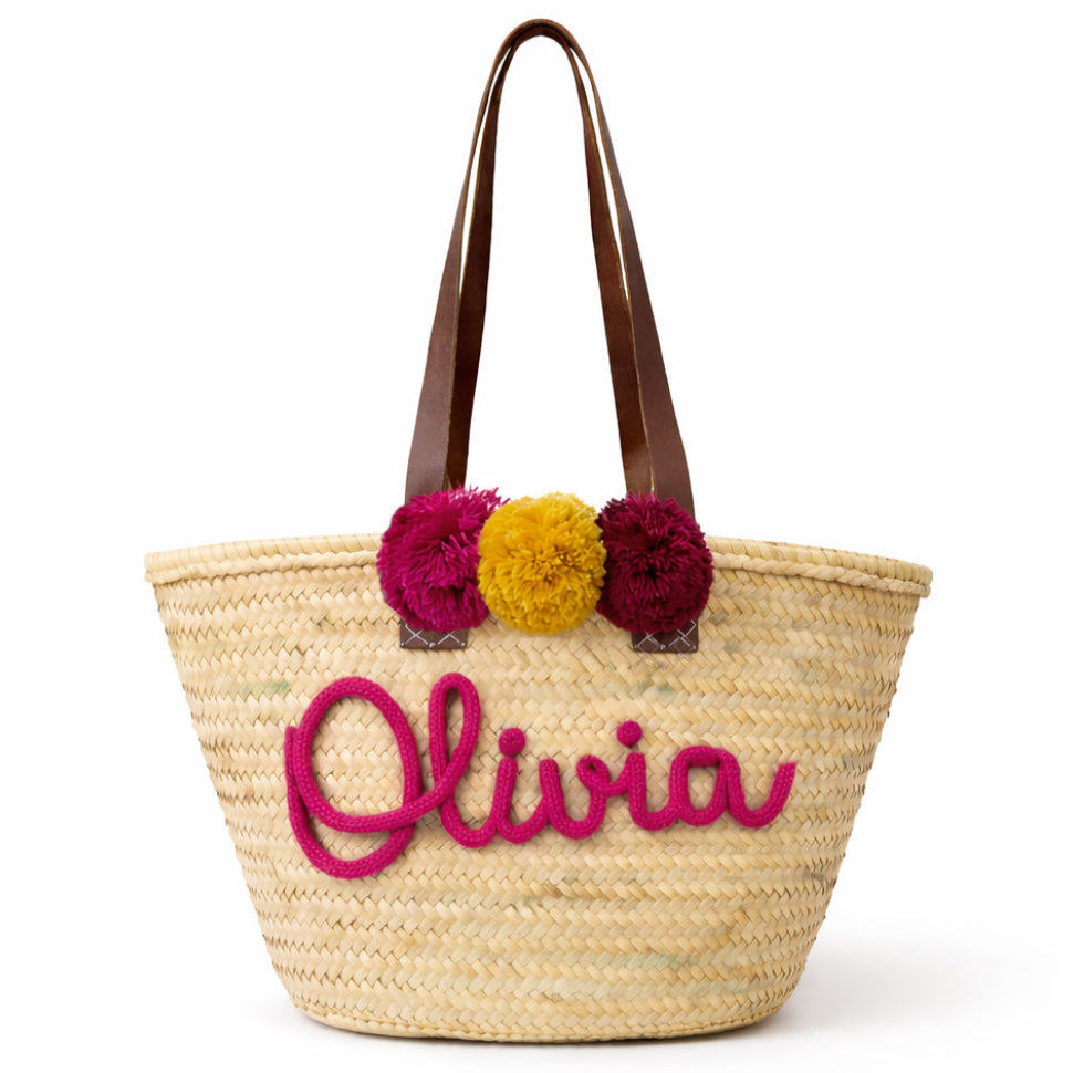 Borsa grande in paglia personalizzata con scritta e manici in pelle