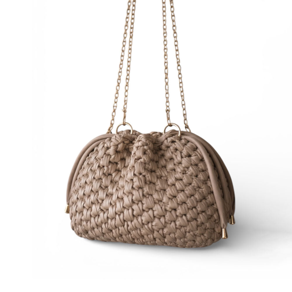 Borsa Secchiello in Ecopelle Beige Pouch Uncinetto Stile Bottega