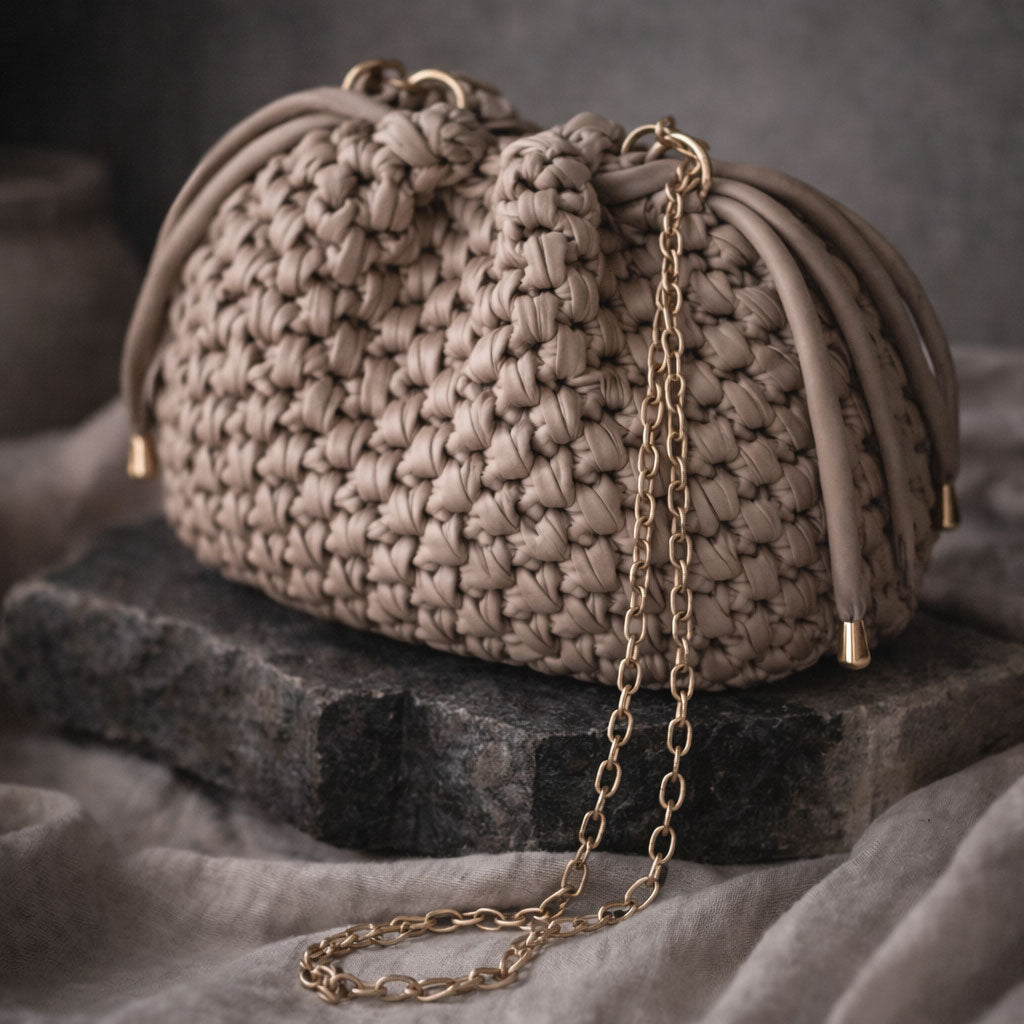 Borsa Secchiello in Ecopelle Beige Pouch Uncinetto Stile Bottega