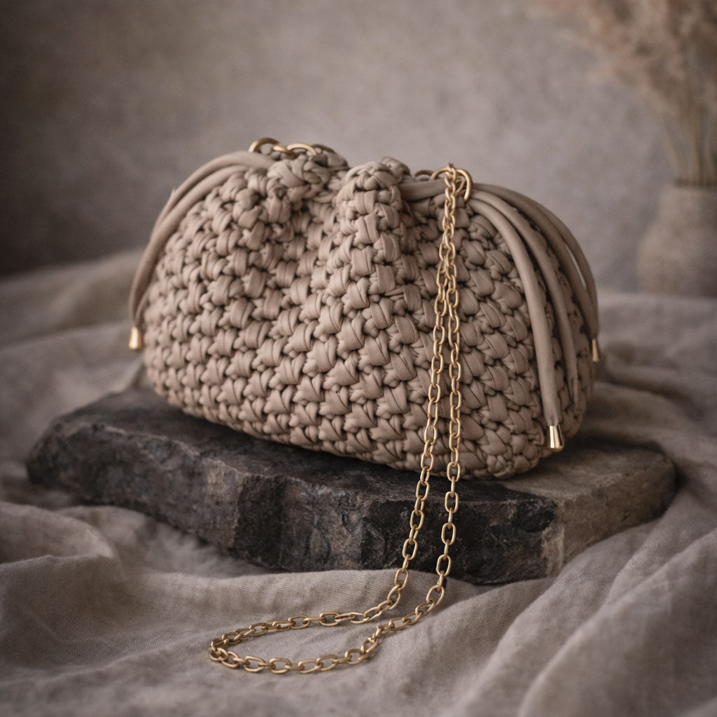 Borsa Secchiello in Ecopelle Beige Pouch Uncinetto Stile Bottega