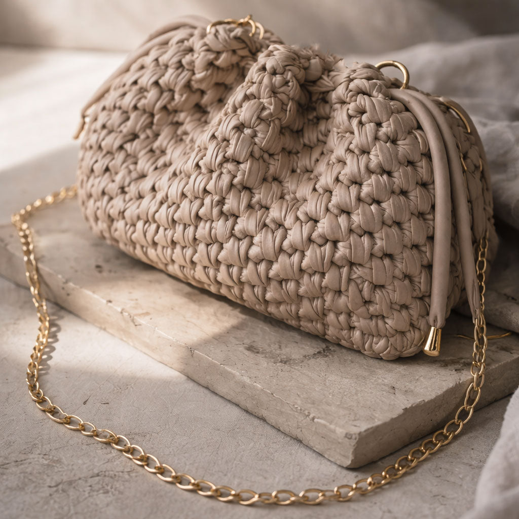 Borsa Secchiello in Ecopelle Beige Pouch Uncinetto Stile Bottega