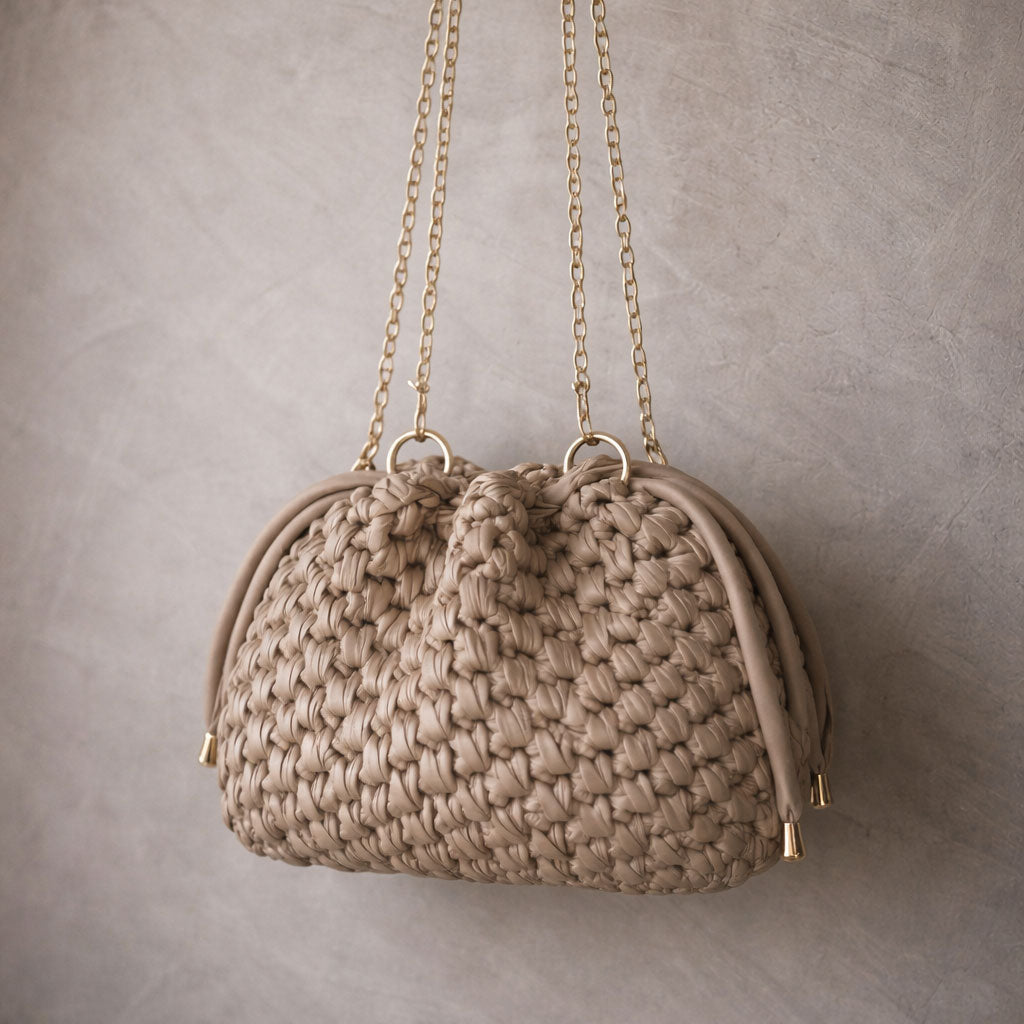 Borsa Secchiello in Ecopelle Beige Pouch Uncinetto Stile Bottega