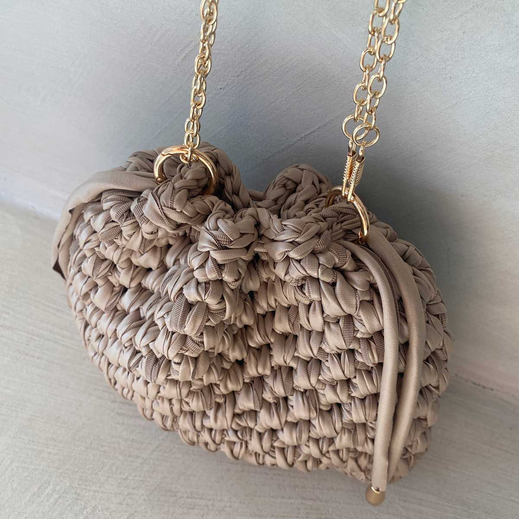 Borsa Secchiello in Ecopelle Beige Pouch Uncinetto Stile Bottega