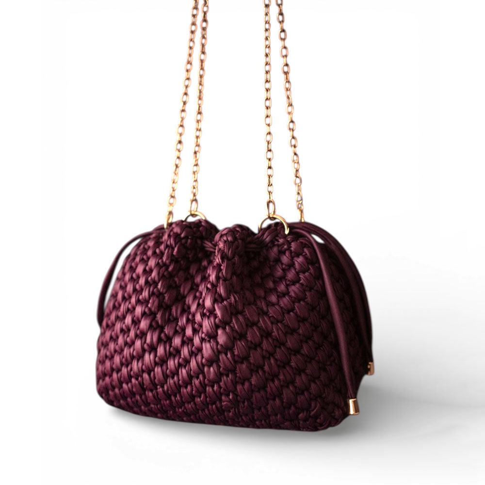 Borsa Secchiello in Ecopelle Bordeaux Pouch Uncinetto Stile Bottega