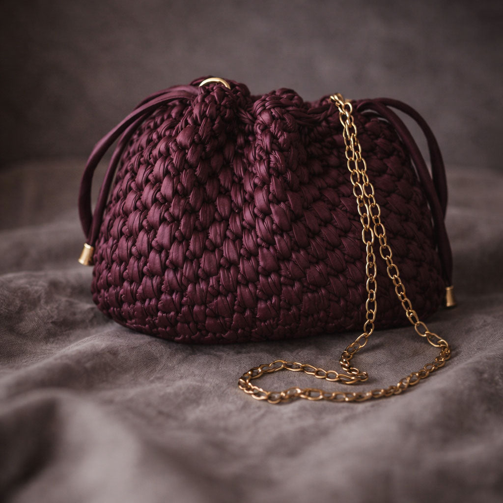 Borsa Secchiello in Ecopelle Bordeaux Pouch Uncinetto Stile Bottega