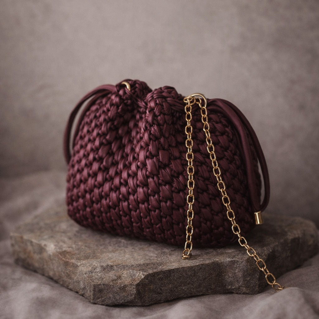Borsa Secchiello in Ecopelle Bordeaux Pouch Uncinetto Stile Bottega