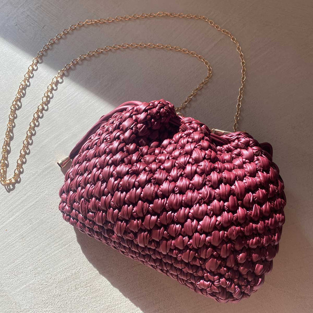 Borsa Secchiello in Ecopelle Bordeaux Pouch Uncinetto Stile Bottega