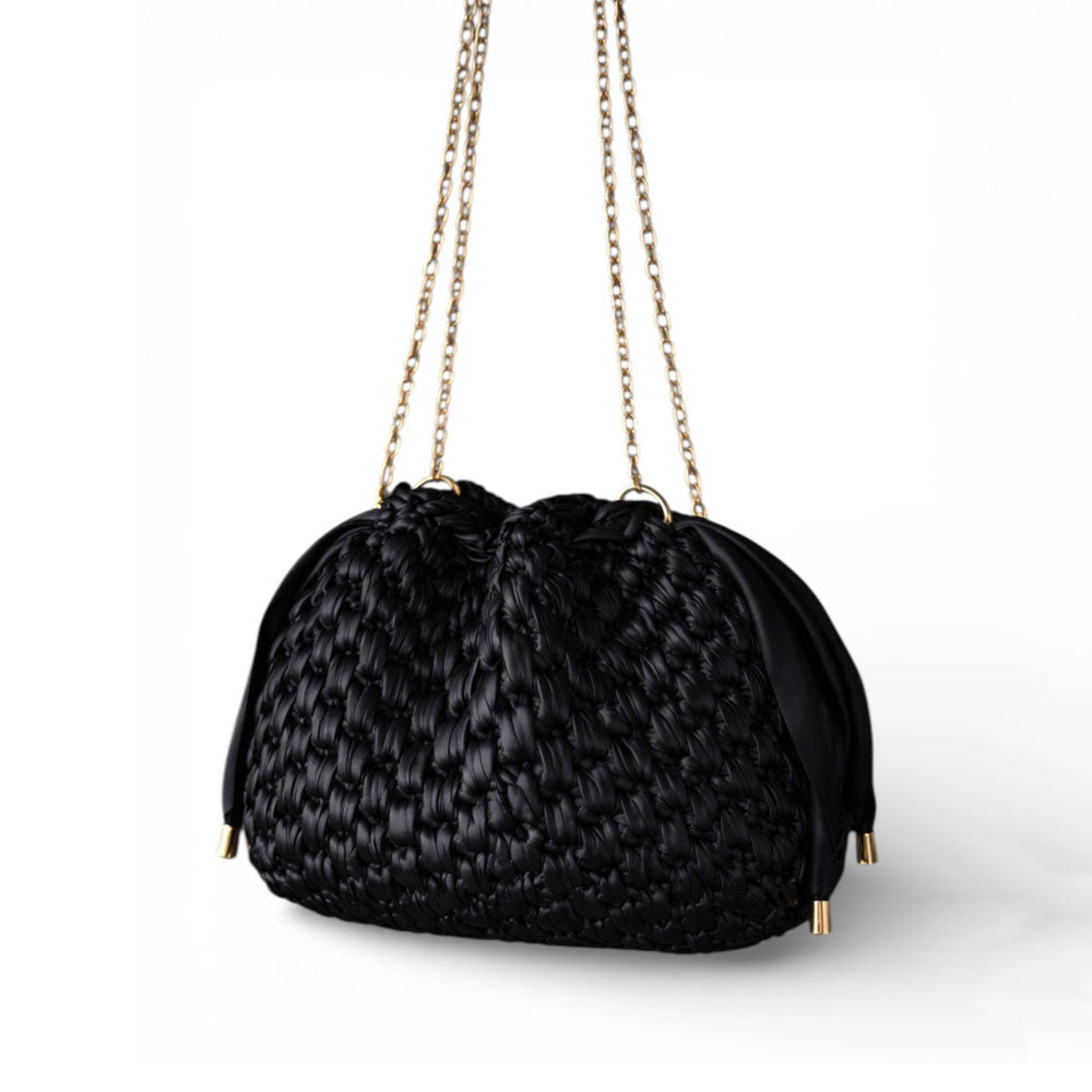 Borsa Secchiello in Ecopelle Nera Pouch Uncinetto Stile Bottega