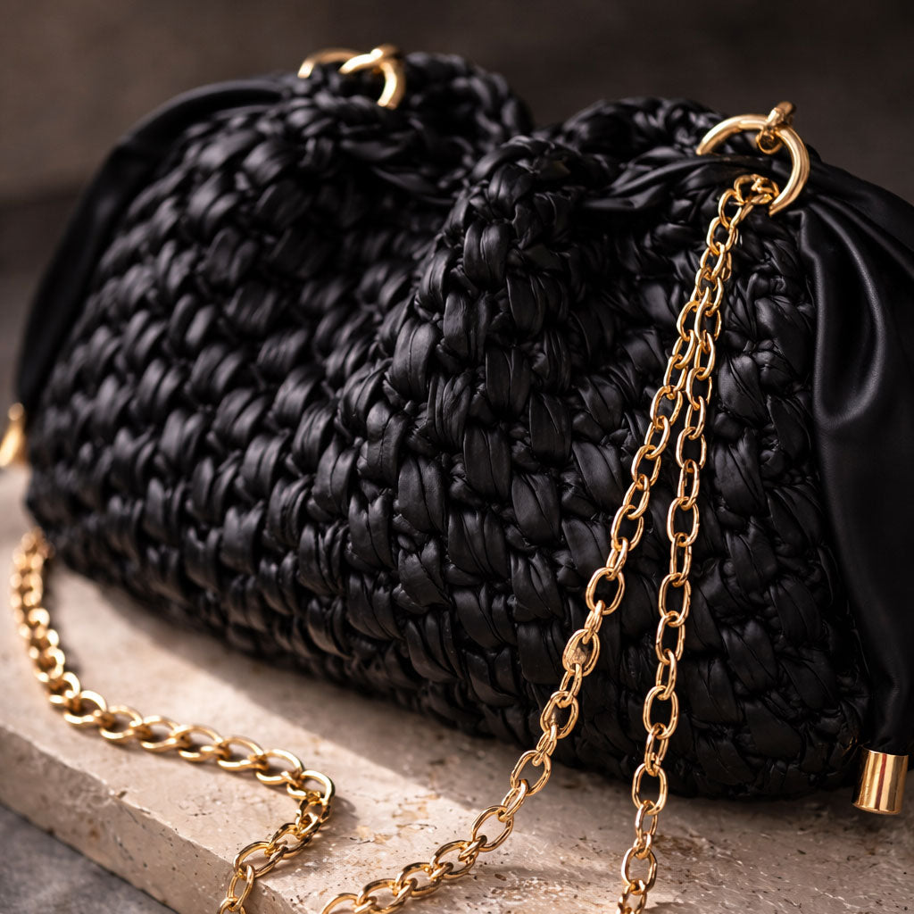 Borsa Secchiello in Ecopelle Nera Pouch Uncinetto Stile Bottega