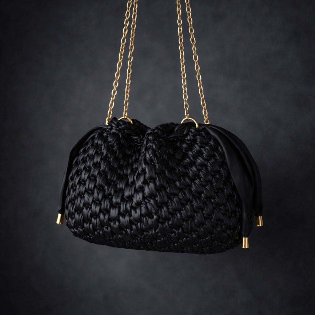 Borsa Secchiello in Ecopelle Nera Pouch Uncinetto Stile Bottega