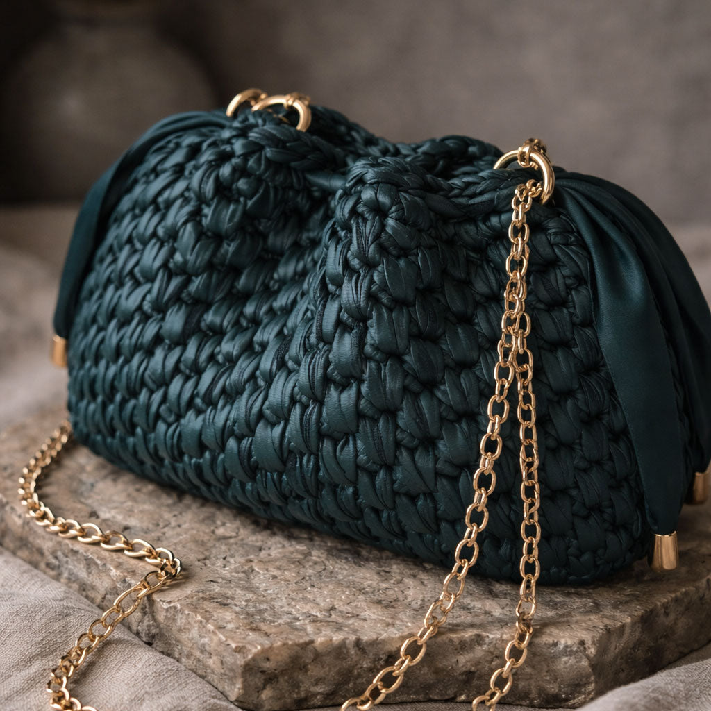 Borsa Secchiello in Ecopelle Verde Pouch Uncinetto Stile Bottega