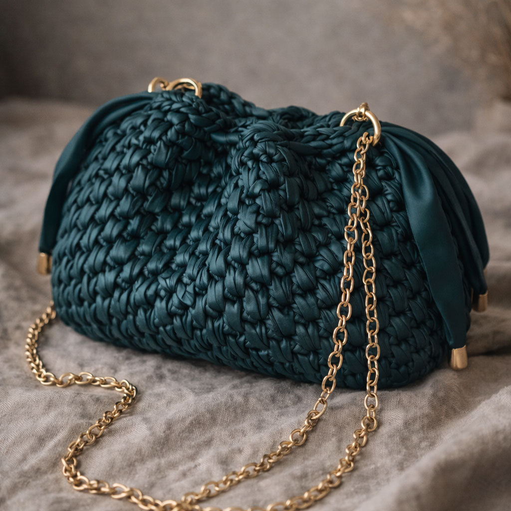 Borsa Secchiello in Ecopelle Verde Pouch Uncinetto Stile Bottega
