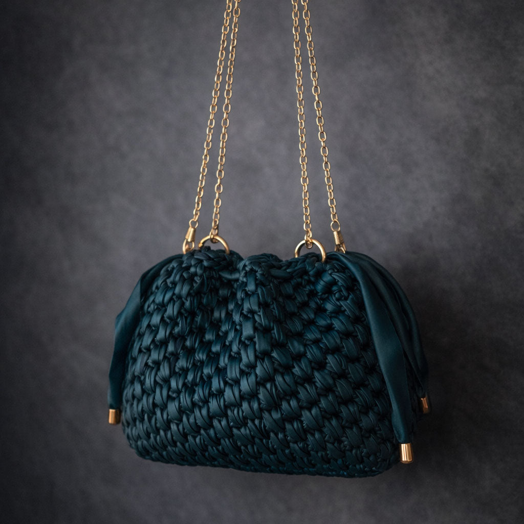 Borsa Secchiello in Ecopelle Verde Pouch Uncinetto Stile Bottega