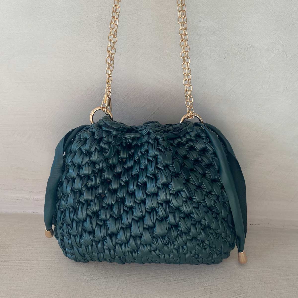 Borsa Secchiello in Ecopelle Verde Pouch Uncinetto Stile Bottega