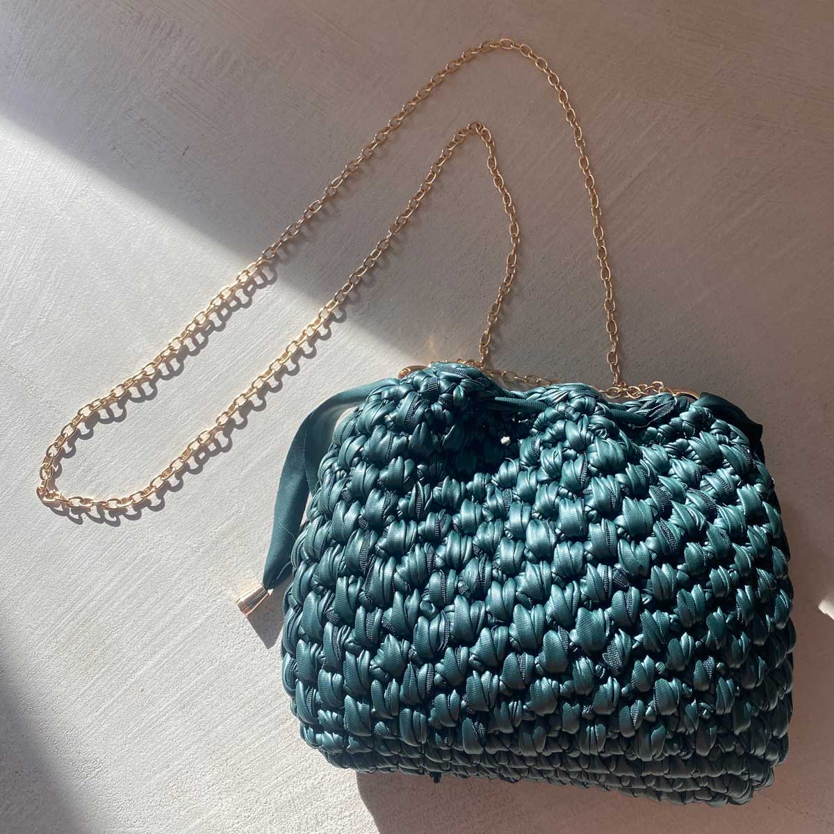 Borsa Secchiello in Ecopelle Verde Pouch Uncinetto Stile Bottega
