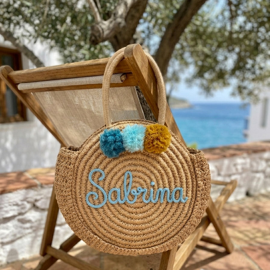 Borsa in paglia rotonda con scritta personalizzata
