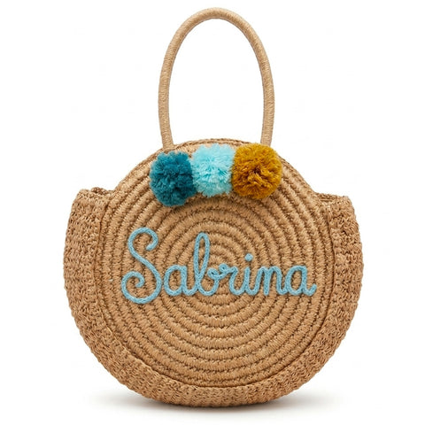Borsa in paglia rotonda con scritta personalizzata