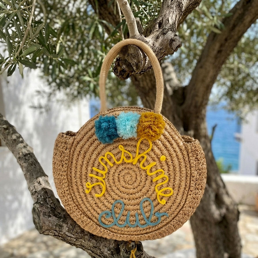 Borsa in paglia rotonda con scritta personalizzata