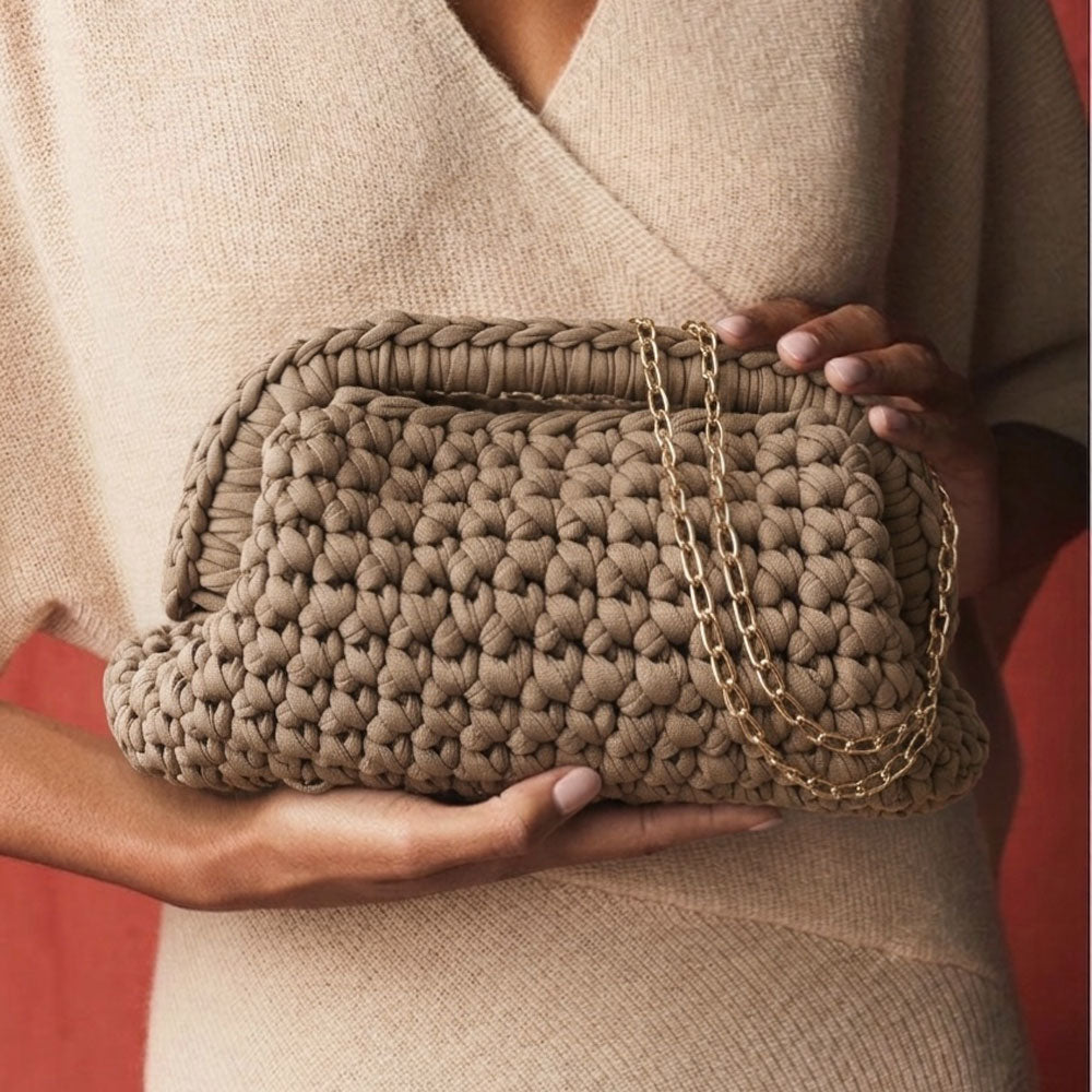 Borsa Crochet Clutch all'Uncinetto Lycra Tortora