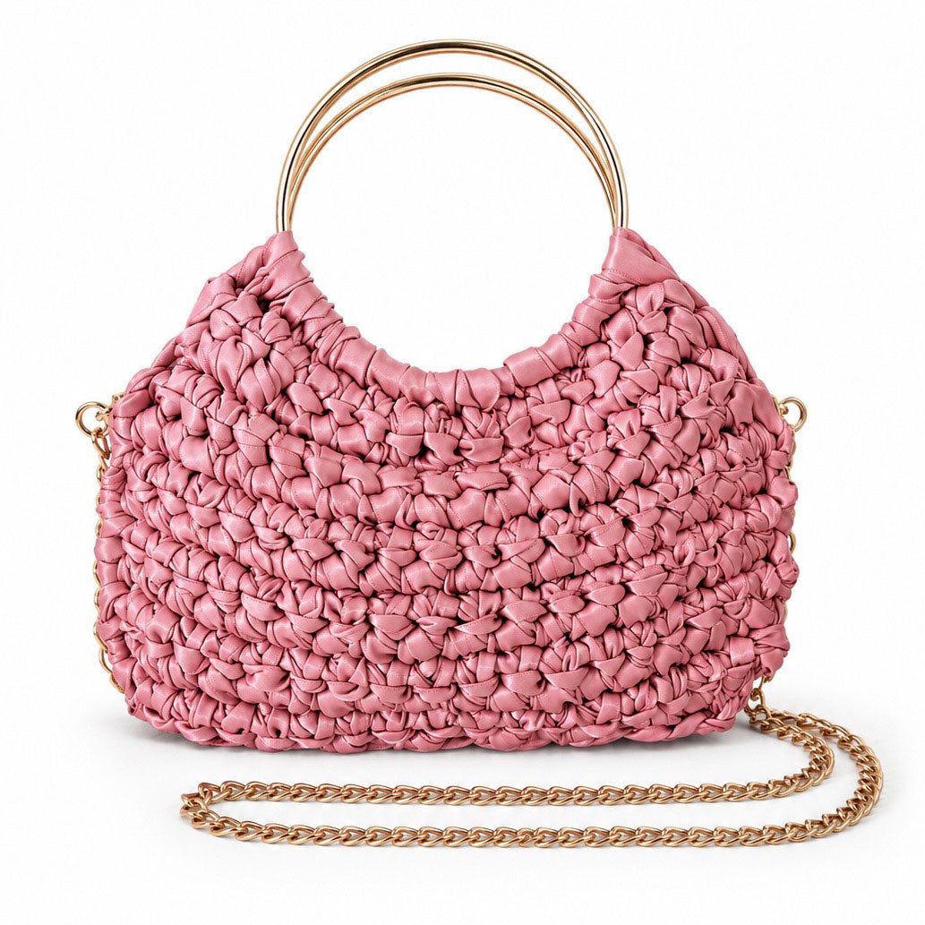 Borsa manici ad anello all'uncinetto in raso rosa