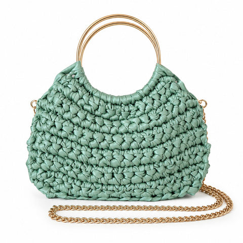 Borsa manici ad anello all'uncinetto in raso verde salvia