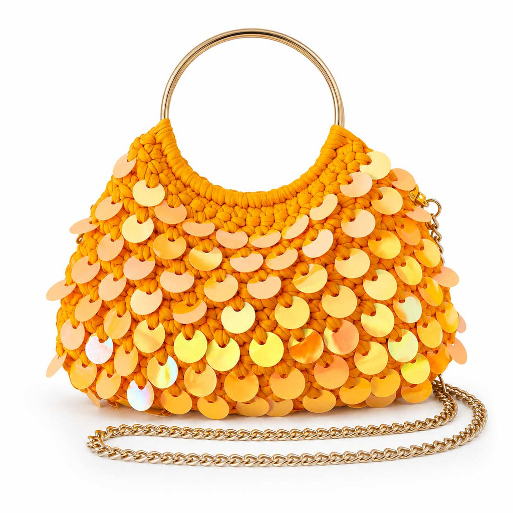 Borsa Uncinetto Crochet con Paillettes Olografiche Arancione Manici Anello