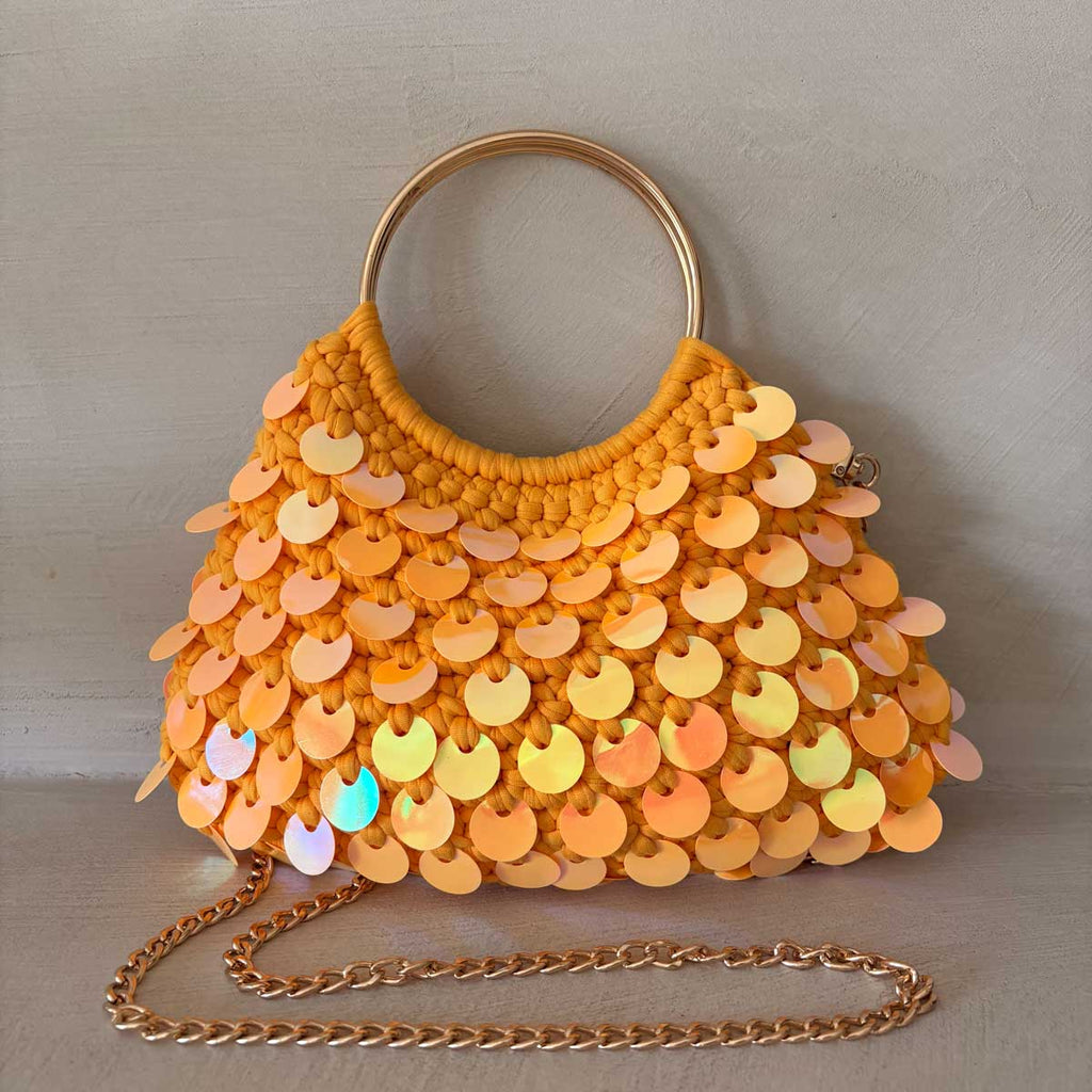 Borsa Uncinetto Crochet con Paillettes Olografiche Arancione Manici Anello